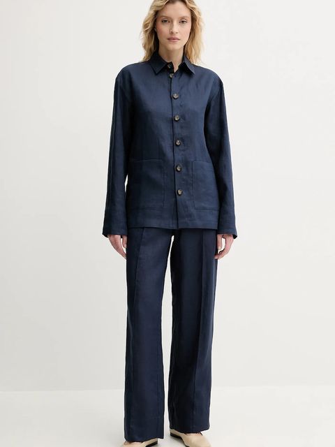 The Sleeper spodnie lniane damskie kolor granatowy szerokie high waist UNPT01P004N - zdjęcie produktu nr 2