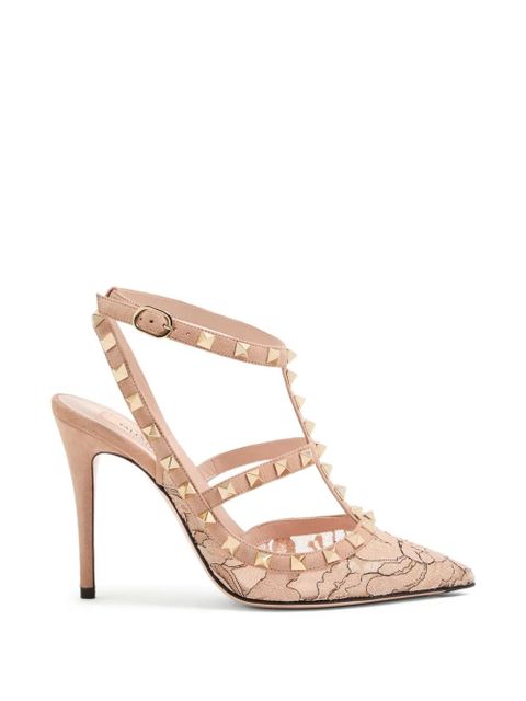 Valentino Garavani Rockstud lace pumps with straps 100mm - Neutrals
