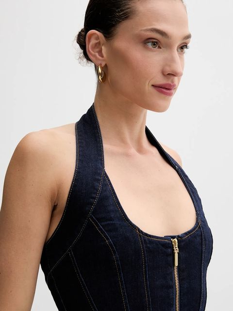 Bardot sukienka jeansowa kolor granatowy maxi rozkloszowana 91426DB