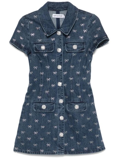 Self-Portrait bow-embellished denim mini dress - Blue - zdjęcie produktu nr 1