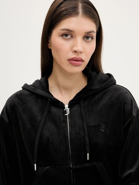 Juicy Couture bluza welurowa BRENDAL CROP OVERSIZED HOODIE damska kolor czarny z kapturem gładka JCBAS225801
