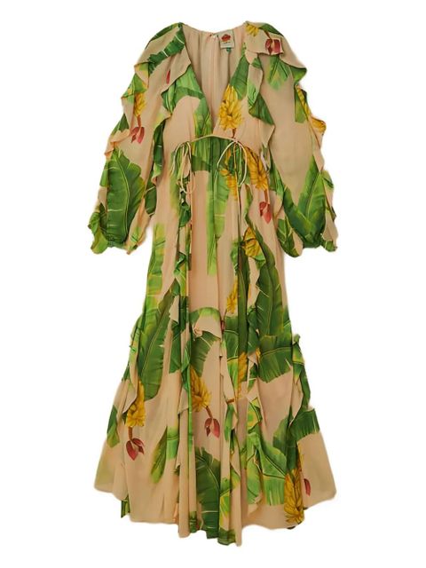 FARM Rio ruffled banana-print maxi dress - Neutrals - zdjęcie produktu nr 1