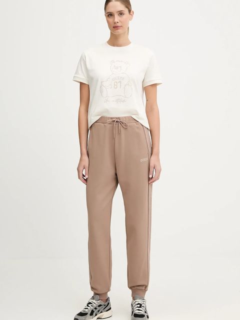 Guess spodnie dresowe OCTAVIA damskie kolor brązowy z aplikacją V5BB23 KCX22