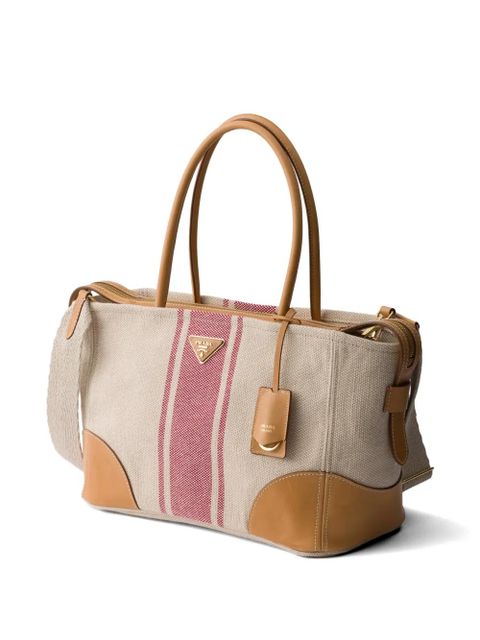 Prada large canvas and leather shopping bag - Neutrals