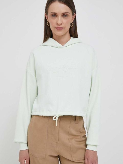 Calvin Klein Jeans bluza damska kolor zielony z kapturem z nadrukiem