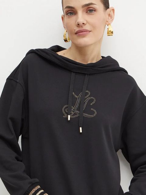 Luisa Spagnoli bluza z domieszką wełny LIEVI kolor czarny z kapturem z aplikacją 541457