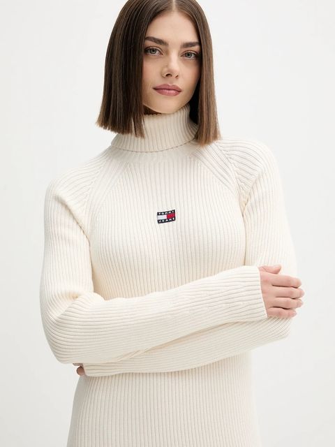 Tommy Jeans sukienka bawełniana kolor beżowy midi dopasowana DW0DW22167