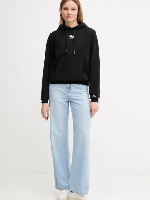 Lacoste bluza bawełniana kolor czarny z kapturem z nadrukiem SH2740