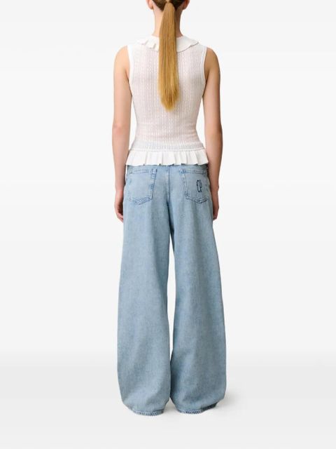 Claudie Pierlot ruffled pointelle-knit polo top - White