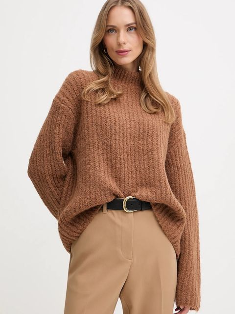 Calvin Klein Jeans sweter damski kolor brązowy ciepły z półgolfem LV044D361G - zdjęcie produktu nr 1