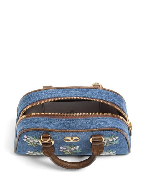 Valentino Garavani Vlogo Signature mini top-handle bag in denim with floral embroidery - Blue