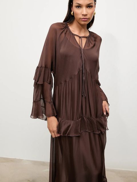 Answear.LAB sukienka z jedwabiem kolor brązowy maxi prosta