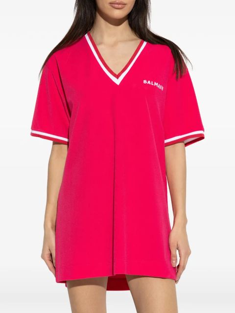 Balmain striped-trim V-neck mini dress - Pink