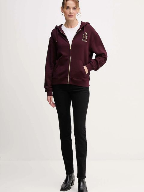 Tommy Hilfiger bluza bawełniana damska kolor bordowy z kapturem z aplikacją WW0WW46126