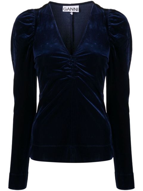 GANNI puff-sleeve velvet blouse - Blue