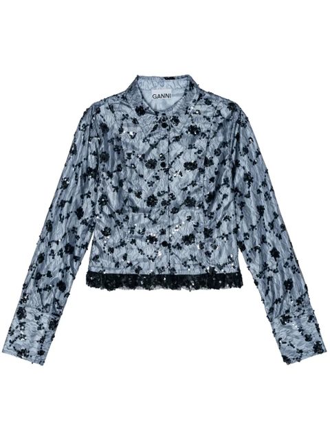GANNI sequin-embellished cropped shirt - Blue