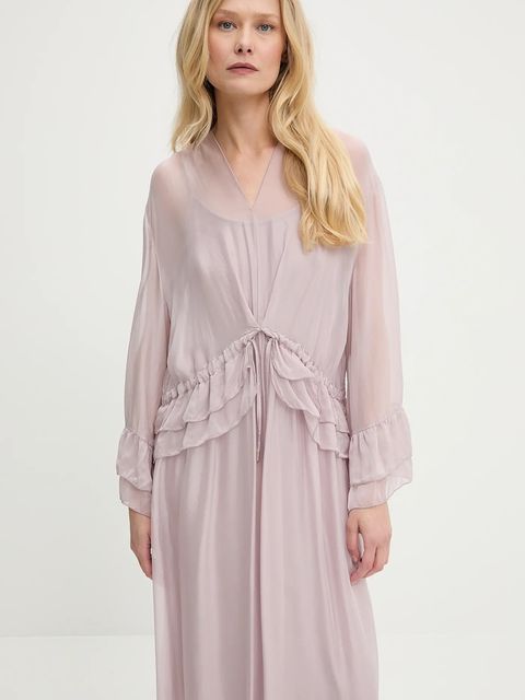 Answear.LAB sukienka z jedwabiem kolor różowy maxi rozkloszowana