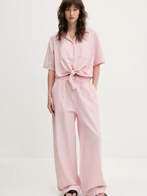 Tommy Jeans koszula z domieszką lnu damska kolor różowy relaxed z kołnierzykiem klasycznym DW0DW20286