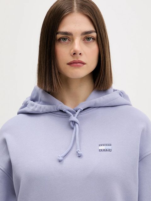Tommy Jeans bluza bawełniana damska kolor fioletowy z kapturem z aplikacją DW0DW19414