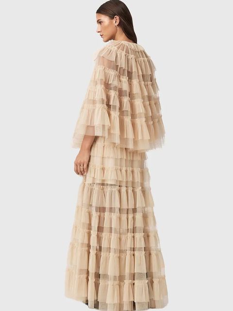 AllSaints spódnica kolor beżowy maxi rozkloszowana W071RD