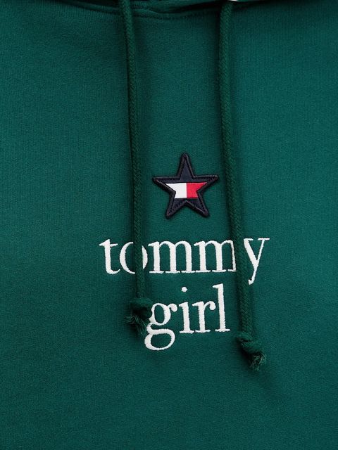 Tommy Jeans bluza bawełniana damska kolor zielony z kapturem z aplikacją DN0DN00099