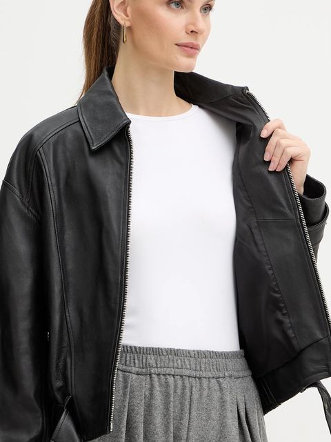 Pinko kurtka skórzana kolor czarny przejściowa oversize 105793 A2U7