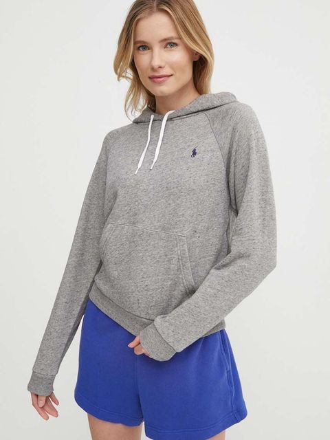 Polo Ralph Lauren bluza bawełniana damska kolor szary z kapturem wzorzysta 211935583 - zdjęcie produktu nr 1