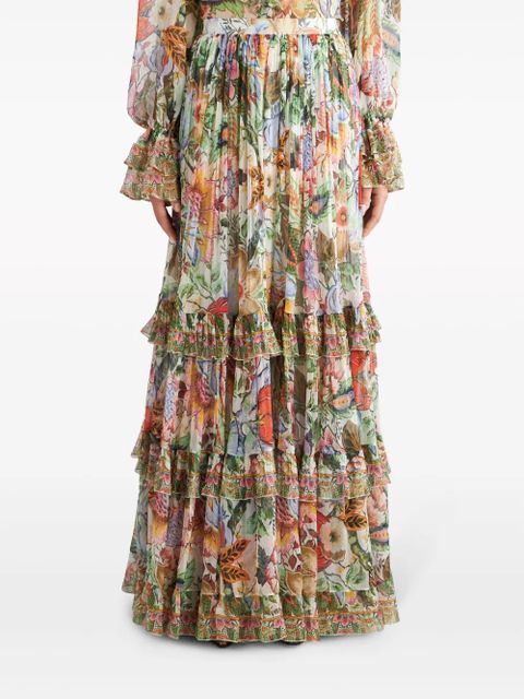 ETRO floral-print tiered silk skirt - White