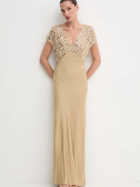 Never Fully Dressed sukienka kolor złoty maxi rozkloszowana NFDDR2230