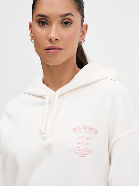 Tommy Jeans bluza bawełniana damska kolor beżowy z kapturem z nadrukiem DW0DW21785