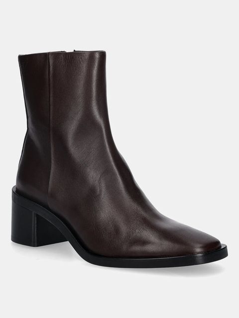 Calvin Klein botki skórzane BLOCK HEEL ZIP BOOT LTH damskie kolor brązowy na słupku HW0HW02593