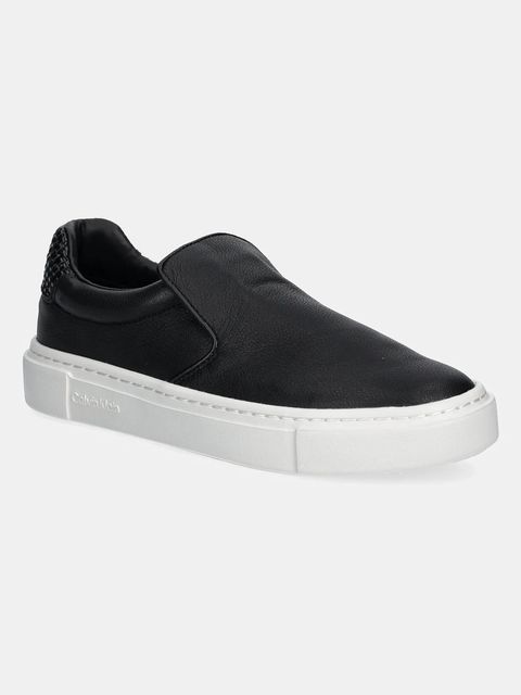 Calvin Klein tenisówki skórzane CUPSOLE SLIP ON - WOVEN LTH damskie kolor czarny HW0HW02297