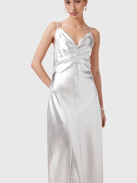 AllSaints sukienka ALEXIA kolor srebrny midi prosta W203DC - zdjęcie produktu nr 2