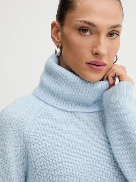 BOSS Orange sweter z dodatkiem wełny damski kolor niebieski lekki z golfem 50548937