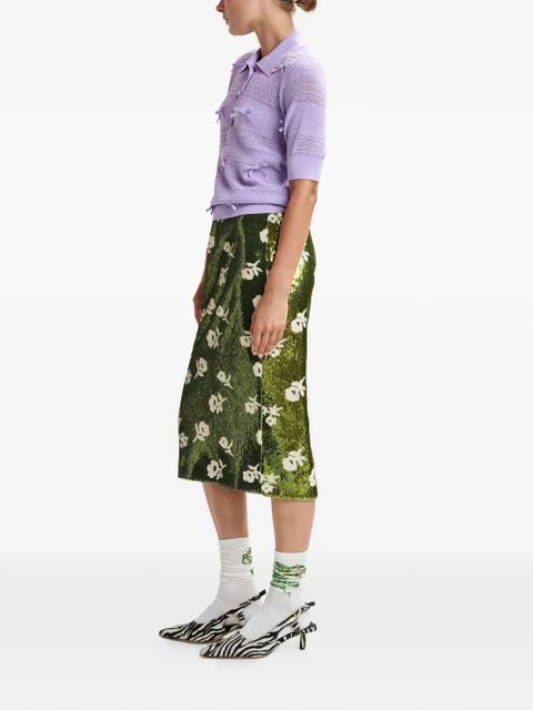 Essentiel Antwerp sequin-embellished floral-detail midi skirt - Green