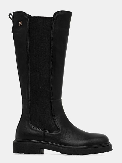 Tommy Hilfiger kozaki skórzane TH LTHR CLEATED LONG BOOT damskie kolor czarny na płaskim obcasie FW0FW08985 - zdjęcie produktu nr 2