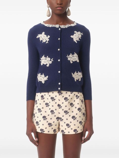 Valentino Garavani lace-trim embroidered cardigan - Blue