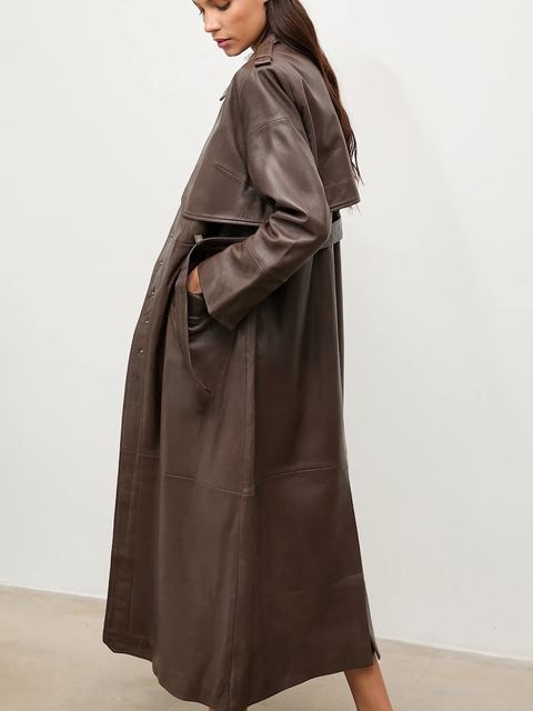 Answear.LAB trencz skórzany kolor brązowy