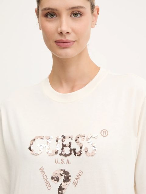 Guess t-shirt bawełniany AURLIE damski kolor beżowy V4YI06 I3Z14