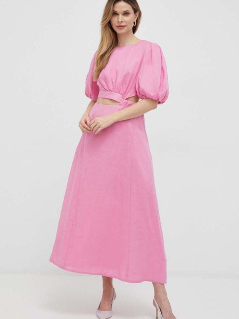 Bardot sukienka lniana kolor różowy maxi rozkloszowana - zdjęcie produktu nr 1