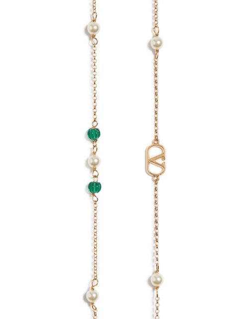 Valentino Garavani Vlogo Signature long necklace in metal, pearls and knurled glass - Gold