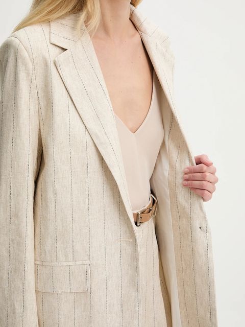 Answear.LAB marynarka z domieszką lnu kolor beżowy jednorzędowa wzorzysta