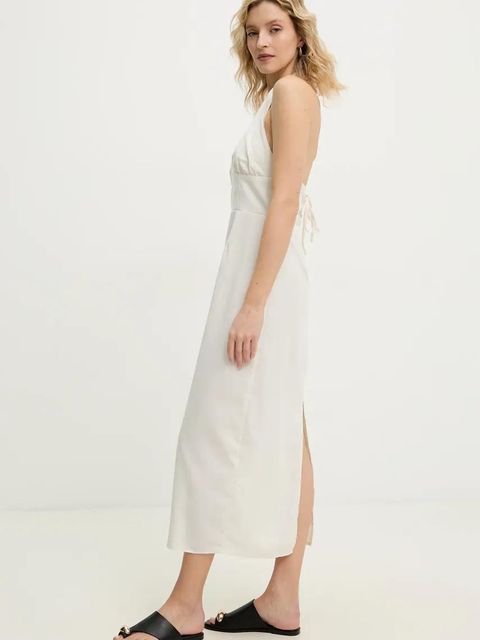 Answear.LAB sukienka z lnem kolor beżowy midi rozkloszowana