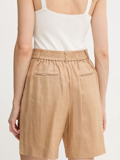 United Colors of Benetton szorty lniane kolor beżowy gładkie high waist 4AGHD901V