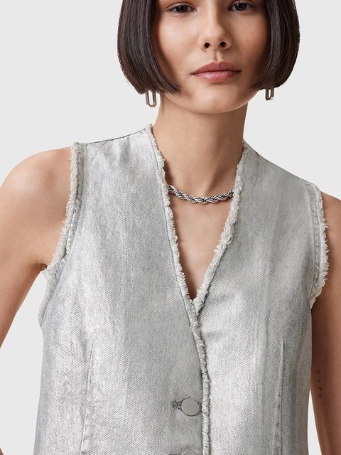 AllSaints kamizelka bawełniana ANDREA kolor srebrny przejściowa W127PC - zdjęcie produktu nr 2