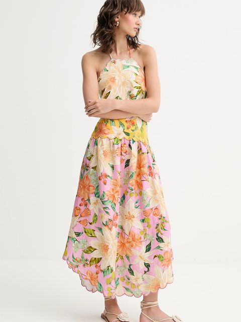 Farm Rio sukienka lniana kolor różowy midi rozkloszowana 335814