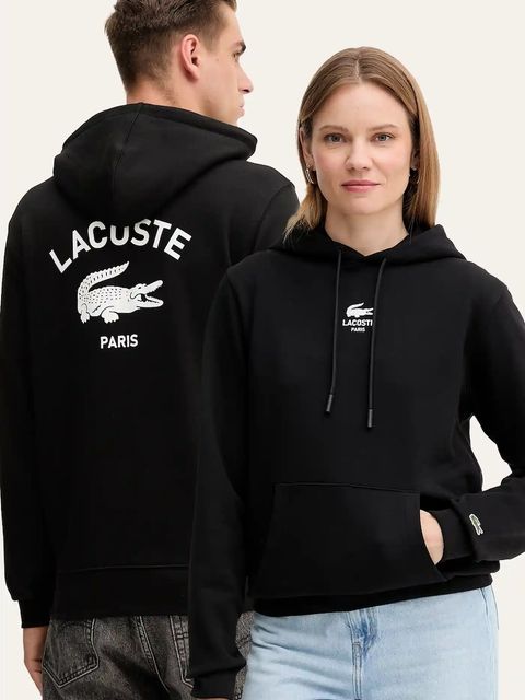 Lacoste bluza bawełniana kolor czarny z kapturem z nadrukiem SH2740
