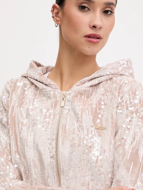 Guess bluza damska kolor beżowy z kapturem z aplikacją V5BQ02 K1922