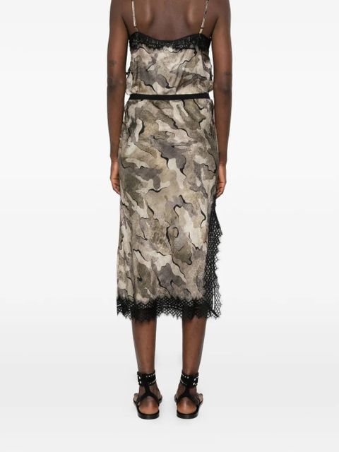 PINKO camouflage-print lace-trim midi skirt - Neutrals