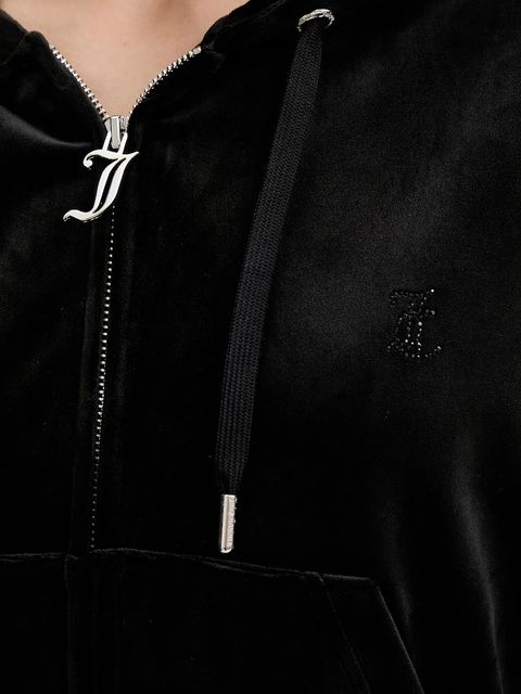Juicy Couture bluza welurowa damska kolor czarny z kapturem gładka JCWAS225310